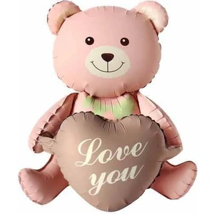 Love You Yazılı Retro Karamel Kalpli Pembe Oturan Ayı Folyo Balon