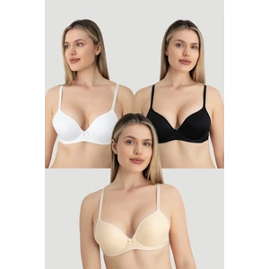 Arma Yıldız Kadın Dolgulu Destekli Balenli Toparlayıcı Sütyen 3'lü Set Beyaz Siyah Ten