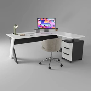 Çağn Ofis Mobilyaları Omix Kesonlu L Çalışma Masası 140  cm  (Lake Beyaz/antrasit)