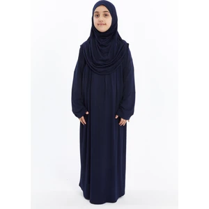 Pratik Tek Parça Organik Kız Çocuk Namaz Elbisesi - Lacivert - 5-7 Yaş