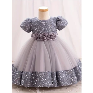 Miço Kids Kız Çocuk Pullu  Balon Kol Abiye Elbise