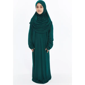 Pratik Tek Parça Organik Kız Çocuk Namaz Elbisesi - Yeşil - 8-10 Yaş