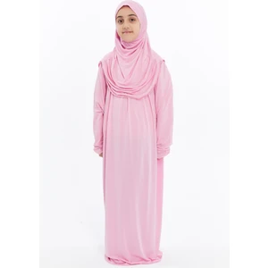 Pratik Tek Parça Organik Kız Çocuk Namaz Elbisesi - Pembe - 5-7 Yaş