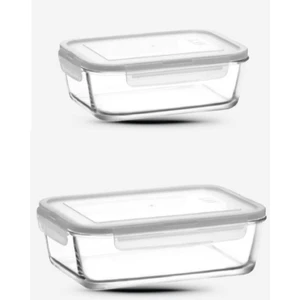 Fresco Kilitli Saklama Kabı 2'Li Dikdörtgen Beyaz 2 Boy Cam Saklama Kabı 1900 Cc 1200 Cc