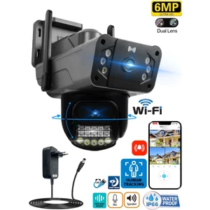 Apex Wifi 6 mp Dual Lens ( Sabit + Hareketli ) Gece Görüş Insan Takibi Sesli Türkçe App Kamera + Adaptör