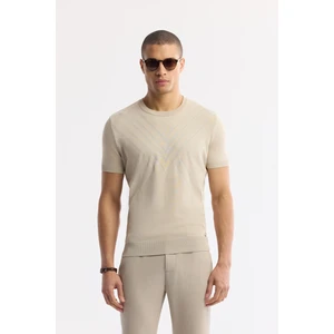 Erkek Regular Fit Bej Bisiklet Yaka Viskon Karışımlı Dokulu Triko T-Shirt A51Y5163