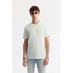 Erkek Regular Fit Su Yeşili Bisiklet Yaka Baskılı Bi-Stretch İnterlok T-Shirt A51Y1044