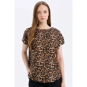 Regular Fit Leopar Desenli Bisiklet Yaka Kısa Kollu Bluz E7038AX25SP