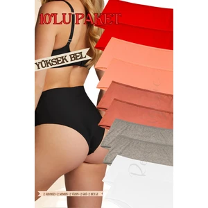 Red İç Giyim Büyük Beden Yüksek Bel Pamuklu Kadın Külot (Slip) 10'lu Paket (Battal-Bato)
