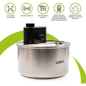 Otomatik Kedi Köpek Su Şelalesi Su Pınarı Su Sebili (Paslanmaz Çelik) - Hareket Sensörü - 5200 mAh Şarj Edilebilir Batarya 180 Gün Bekleme Süresi - 3.5 Lt Otomatik Su Temizleme - Siyah