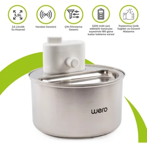 Otomatik Kedi Köpek Su Şelalesi Su Pınarı Su Sebili (Paslanmaz Çelik) - Hareket Sensörü - 5200 mAh Şarj Edilebilir Batarya 180 Gün Bekleme Süresi - 3.5 Lt Otomatik Su Temizleme - Beyaz