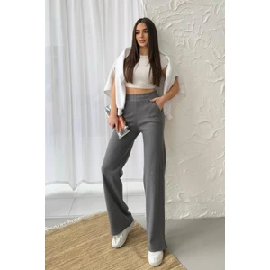 Kadın Füme Yüksek Bel Bol Paça Kaşkorse Fitilli Cepli Pantolon Eşofman Altı