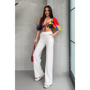 Kadın Ekru Yüksek Bel Bol Paça Kaşkorse Fitilli Cepli Pantolon Eşofman Altı