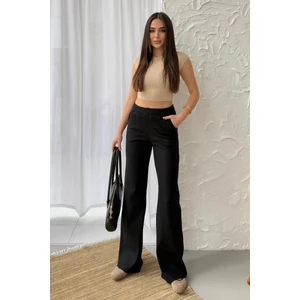 Kadın Siyah Yüksek Bel Bol Paça Kaşkorse Fitilli Cepli Pantolon Eşofman Altı