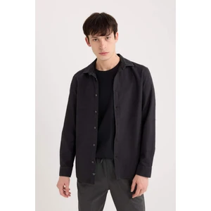 Slim Fit Dar Kesim Pamuklu Basic Düz Uzun Kollu Siyah Gömlek A4644AX25SP