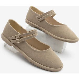 Kadın Çift Bantlı Tokalı Süet Babet Benus Camel Süet