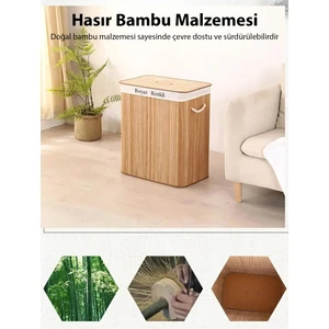 Bambu Naturel Hasır Çift Bölmeli Katlanabilir Kirli Çamaşır Sepeti 100 Lt
