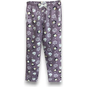 Kadın Mor Penguenli Polar Cepli Kışlık Kalın Kaliteli Pijama Altı