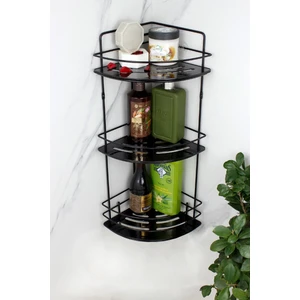 Kristal Raflı Paslanmaz Siyah Üçlü Tel Şampuanlık Yapışkanlı Banyo Köşeliği Düzenleyici Duş Rafı