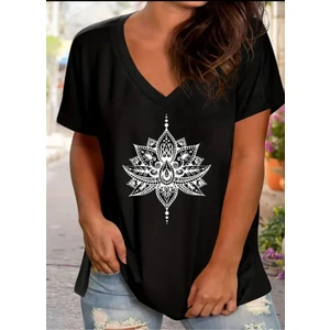 Kadın V Yaka Baskılı Siyah/beyaz Salaş Oversize T-Shirt