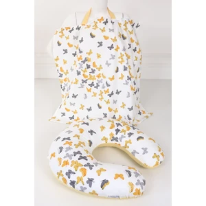 Emzirme Yastığı, Emzirme Önlüğü Set - Pamuklu Kumaş - Sarı Kelebek