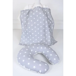 Emzirme Yastığı, Emzirme Önlüğü Set - Pamuklu Kumaş - Açık Gri Yıldız