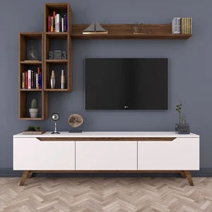 D1 Duvar Raflı Tv Ünitesi Kitaplıklı Tv Sehpası Duvara Monte Raflı Modern Ayaklı 180 cm Beyaz - Minyatür Ceviz M16