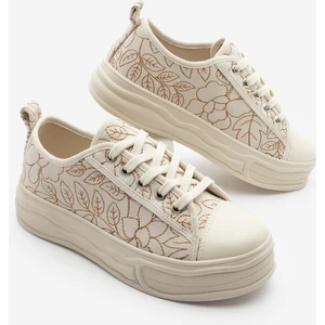 Kadın Sneaker Nakışlı Bağcıklı Keten Spor Ayakkabı Magis