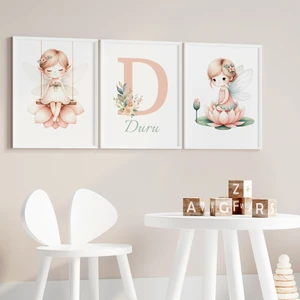 Çocuk Kalbi Atölyesi Çiçek Perisi Kız Bebek ve Çocuk Odası 3'lü Isim Tablo Seti, Çocuk Odası Tablosu