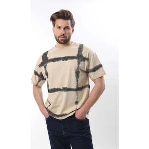 Bej Bisiklet Yaka Baskılı Basic Erkek T-Shirt E7109