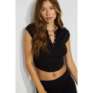 Siyah Henley Çıt Kapamalı Kadın Tişört MG2306