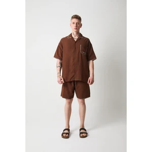 Nakış Detaylı Müslin Kumaş Erkek Takım Şort - Kahve