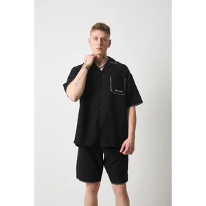 Nakış Detaylı Müslin Kumaş Erkek Takım Şort - Siyah