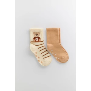 Bebek 2 Li Paket Teddy Baskılı Soket Çorap Ekru-Açık Kahverengi