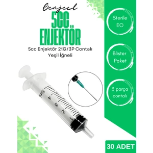 5 cc Enjektör 21G/3P Contalı Yeşil İğneli 5 ml Şırınga 30 Adet