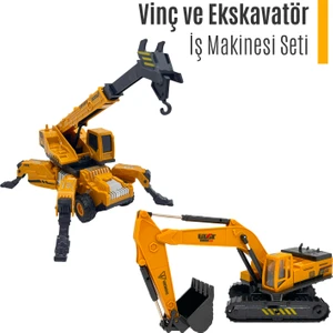 Oyuncak Iş Makinesi Seti - 2 Araç - Oyuncak Vinç ve Ekskavatör - Büyük Boy