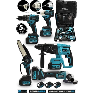 Profesyonel 21V Akülü 5'li Set Kırıcı Delici Hilti Taşlama Somun Sıkma Akülü Vidalama Budama Testeri