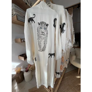 Pamuklu Kaplan Desenli Müslin Kimono Yeni Nesil Bornoz Kaftan Sabahlık - El Baskı