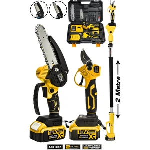 Profesyonel 2'li Set 18V Çift Akülü Teleskopik Kollu Bağ Makası ve Budama Testeresi Makinesi