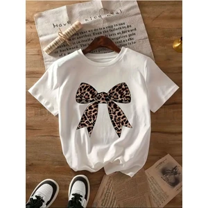 Leopar Desenli Kurdele Detaylı Basic T-Shirt