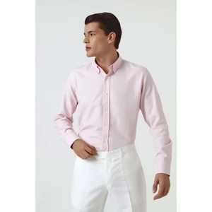 Slim Fit Pembe Armürlü Düğmeli Yaka Pamuklu Gömlek 5HC02ORT07265
