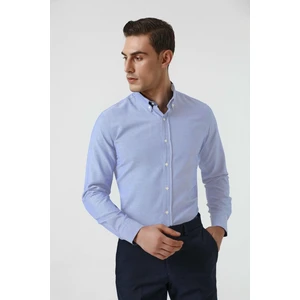 D'S Damat Slim Fit Mavi Armürlü Düğmeli Yaka Pamuklu Gömlek 5HC02ORT07265