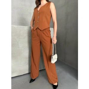 Arzu Has Butik Yeni Sezon Yelek Pantolon Ikili Takım/kurdele Düğmeli Içi Astarlı Yelek Palazzo Pantolon