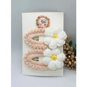 Papatyalı El Yapımı Örgü Pudra 2'li Çıtçıtlı Bebek-Çocuk-Genç-Yetişkin Saç Tokası