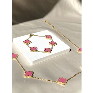 Inure Jewelry Pembe Yonca Model Kadın Çelik (Kolye & Bileklik) 2'li Set