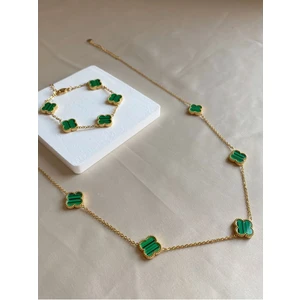 Inure Jewelry Glare Yeşil Yonca Model Kadın Çelik (Kolye & Bileklik) 2'li Set