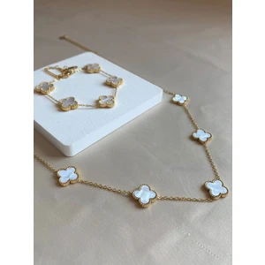 Inure Jewelry Matchless Beyaz Sedef Taşlı Gold Yonca Model Çelik (Kolye & Bileklik) 2'li Set