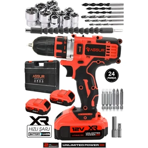 12V 1.5AH Metal Şanzıman Çift Akülü Bakır Sargı 24 Parça Şarjlı Matkap Akülü Vidalama