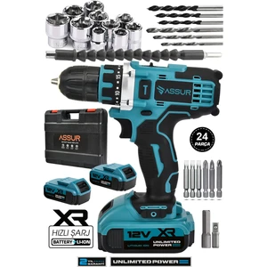 12V 1.5AH Metal Şanzıman Çift Akülü Bakır Sargı 24 Parça Şarjlı Matkap Akülü Vidalama