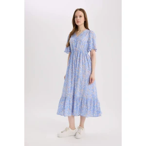 Regular Fit V Yaka Çiçek Desenli Kısa Kollu Midi Yazlık Elbise E8664AX25SM